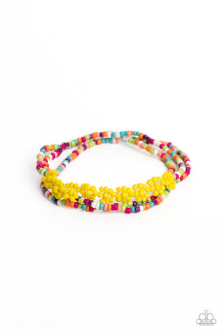 BUZZWORTHY BOTANICALS - MULTI COLOR YELLOW FLOWER SEED BEAD STRETCHY BRACELET - PAPARAZZI
