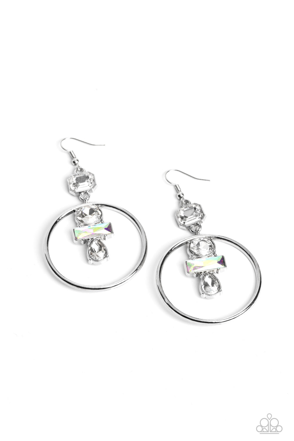 GEOMETRIC GLAM - WHITE AND IRIDESCENT GEM SILVER EARRINGS - PAPARAZZI