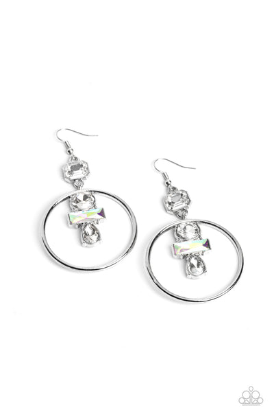 GEOMETRIC GLAM - WHITE AND IRIDESCENT GEM SILVER EARRINGS - PAPARAZZI