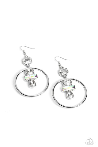 GEOMETRIC GLAM - WHITE AND IRIDESCENT GEM SILVER EARRINGS - PAPARAZZI