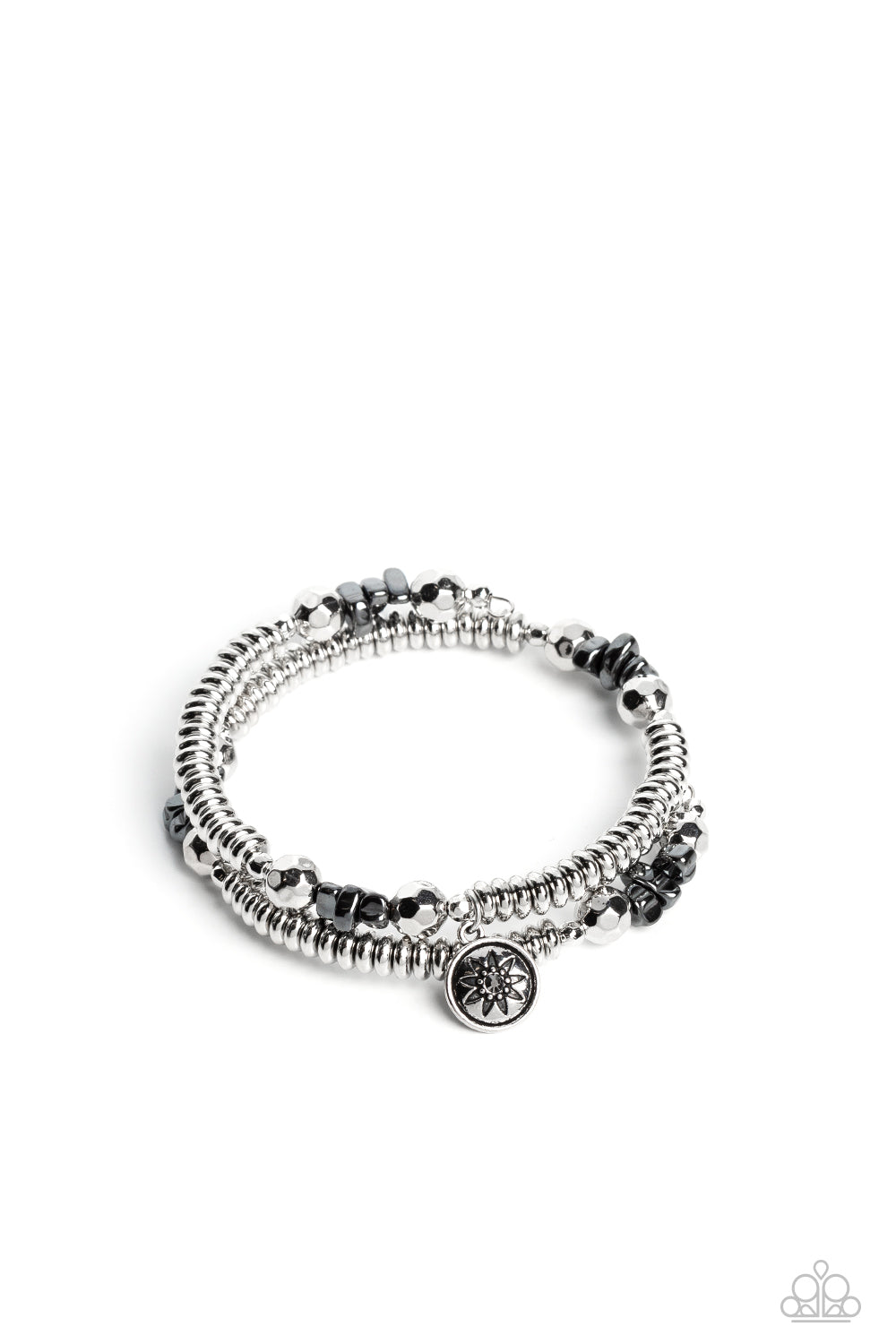 HANDCRAFTED HEIRLOOM - SILVER HEMATITE AND BLACK BEAD STAR CHARM COIL BRACELET - PAPARAZZI Regular price