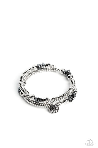 HANDCRAFTED HEIRLOOM - SILVER HEMATITE AND BLACK BEAD STAR CHARM COIL BRACELET - PAPARAZZI Regular price
