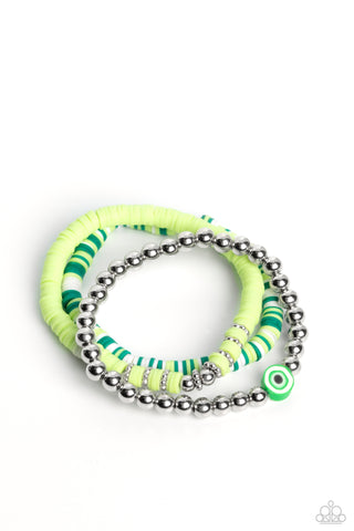 SAM EYE AM - GREEN AND SILVER BEAD STRETCHY BRACELET SET - PAPARAZZI EMP 2023