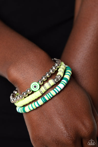 SAM EYE AM - GREEN AND SILVER BEAD STRETCHY BRACELET SET - PAPARAZZI EMP 2023