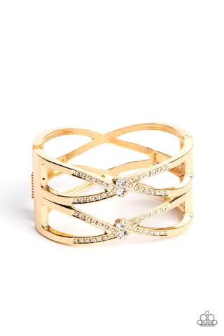 ENTRANCING ETIQUETTE - GOLD WITH RHINESTONE HINGED BRACELET - PAPARAZZI
