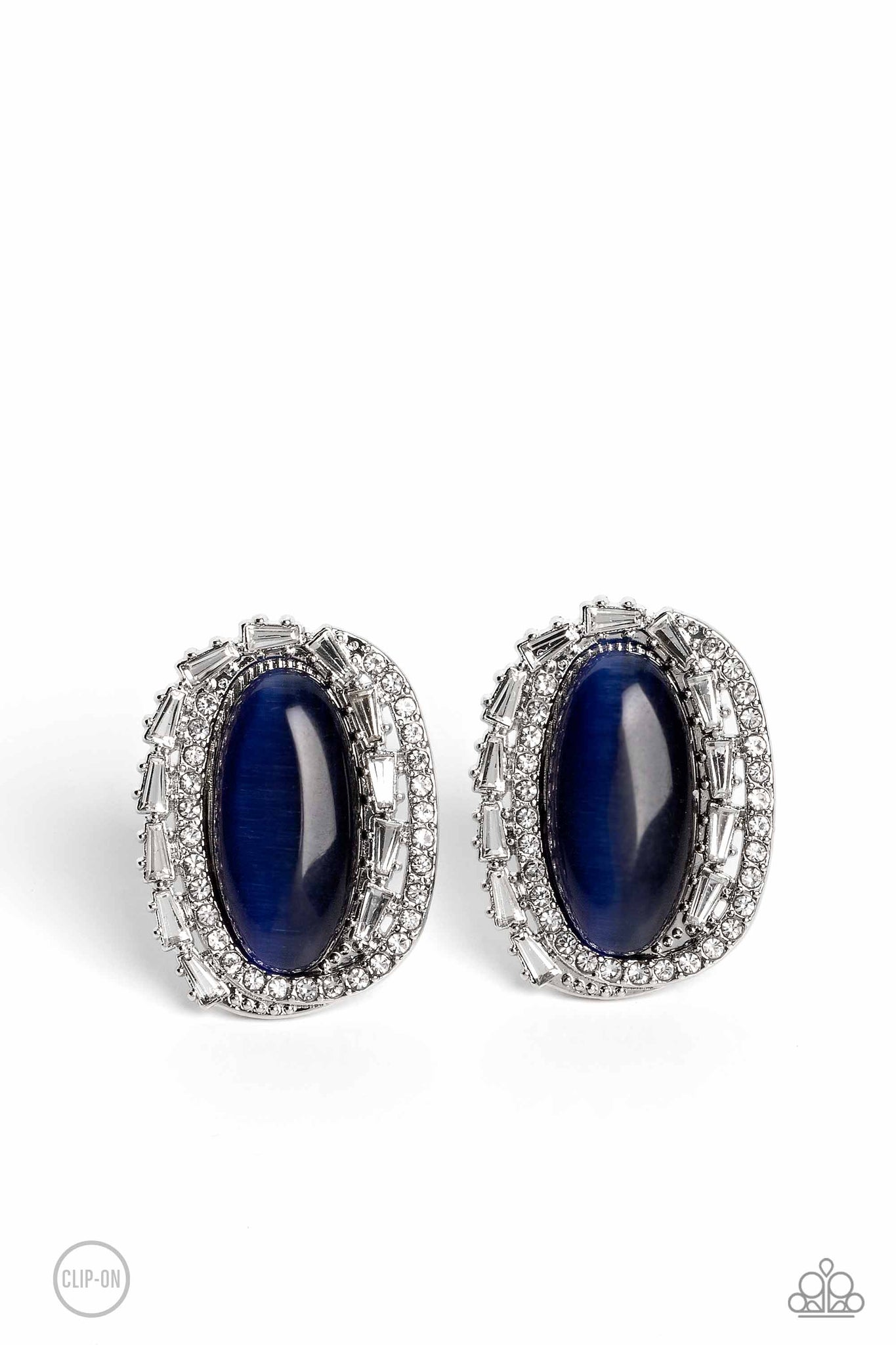 SHIMMERY STATEMENT - BLUE CAT'S EYE SILVER CLIP-ON EARRINGS - PAPARAZZI
