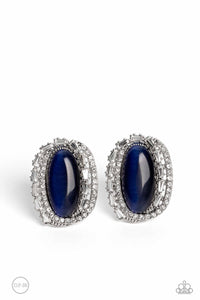 SHIMMERY STATEMENT - BLUE CAT'S EYE SILVER CLIP-ON EARRINGS - PAPARAZZI