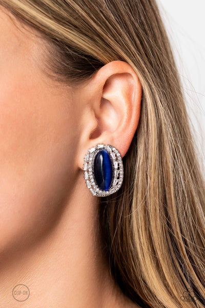 SHIMMERY STATEMENT - BLUE CAT'S EYE SILVER CLIP-ON EARRINGS - PAPARAZZI