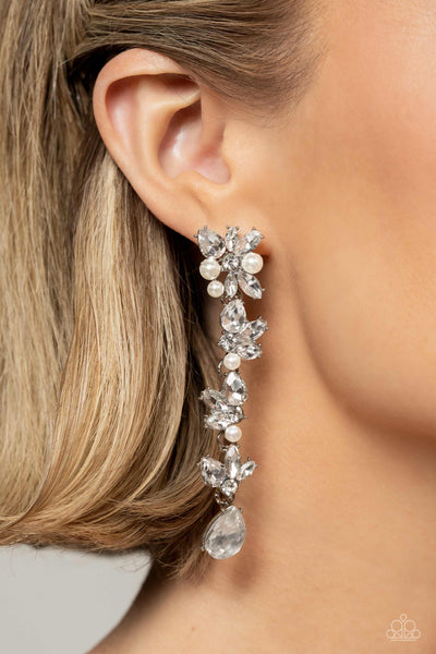 LIGHT AT THE OPERA - WHITE RHINESTONE SILVER POST EARRINGS EMP 2023 - PAPARAZZI