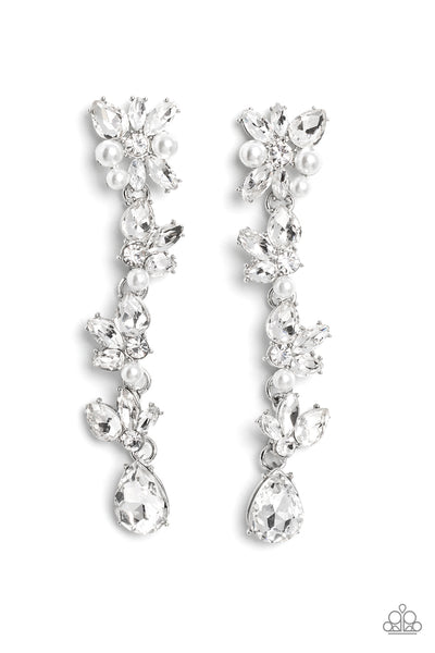 LIGHT AT THE OPERA - WHITE RHINESTONE SILVER POST EARRINGS EMP 2023 - PAPARAZZI