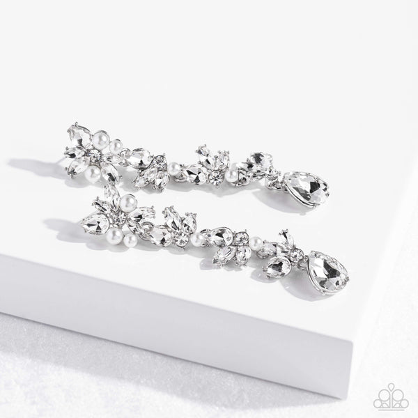 LIGHT AT THE OPERA - WHITE RHINESTONE SILVER POST EARRINGS EMP 2023 - PAPARAZZI
