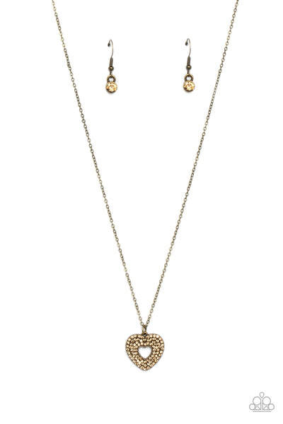 ROMANTIC RETREAT - BRASS HEART TOPAZ RHINESTONE NECKLACE - PAPARAZZI
