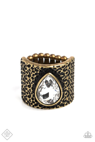 SINGED SHAPE - BRASS FRAME WHITE GEM RING - PAPARAZZI FASHION FIX JANUARY 2023