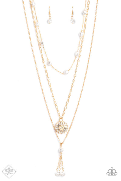 AUDACIOUSLY AUSTEN - GOLD CHAIN WHITE RHINESTONE AND PEARL LAYERED NECKLACE - PAPARAZZI FASHION FIX FEBRUARY 2023