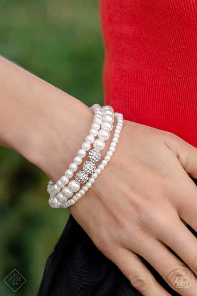 SHOWY SOPRANO - WHITE PEARL RHINESTONE SILVER STRETCHY BRACELET SET - PAPARAZZI FASHION FIX DECEMBER 2022