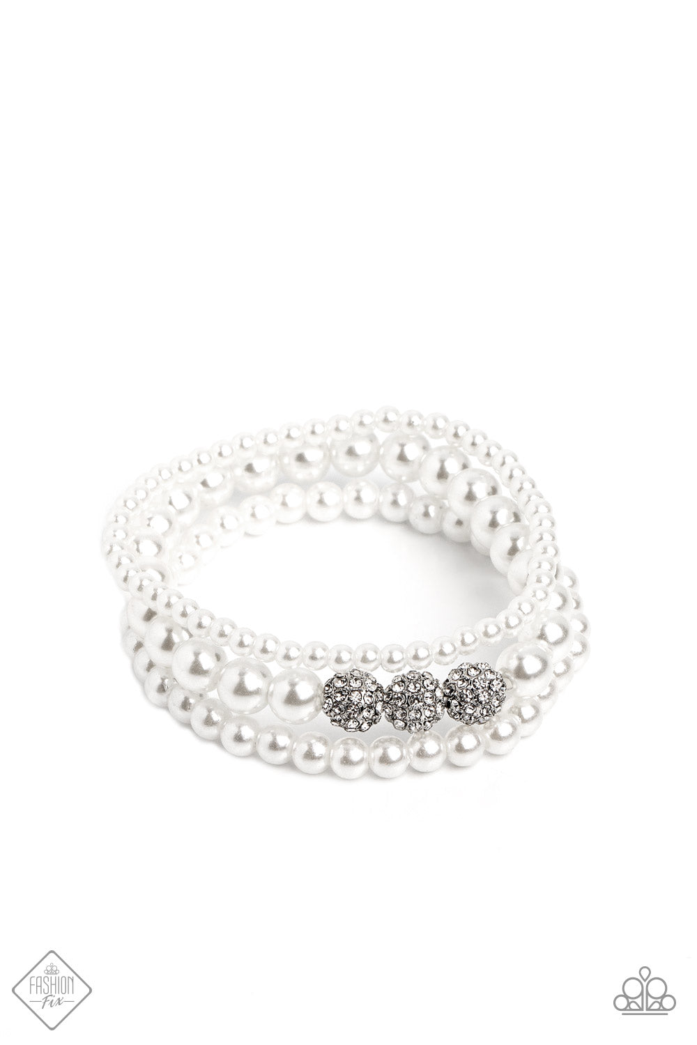SHOWY SOPRANO - WHITE PEARL RHINESTONE SILVER STRETCHY BRACELET SET - PAPARAZZI FASHION FIX DECEMBER 2022