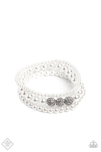 SHOWY SOPRANO - WHITE PEARL RHINESTONE SILVER STRETCHY BRACELET SET - PAPARAZZI FASHION FIX DECEMBER 2022