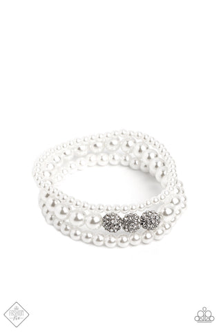 SHOWY SOPRANO - WHITE PEARL RHINESTONE SILVER STRETCHY BRACELET SET - PAPARAZZI FASHION FIX DECEMBER 2022
