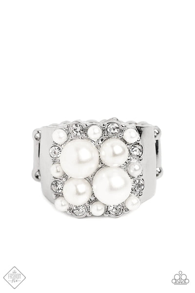 OPULENT OVERTURE - WHITE PEARL RHINESTONE SILVER RING - PAPARAZZI FASHION FIX DECEMBER 2022