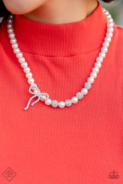 CLASSY CADENZA - WHITE PEARL RHINESTONE BOW SILVER NECKLACE - PAPARAZZI FASHION FIX DECEMBER 2022