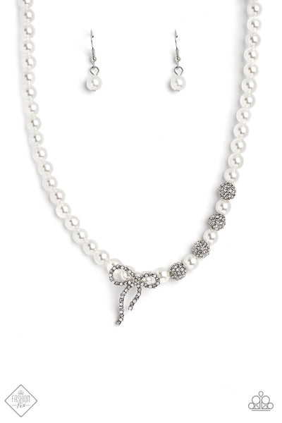 CLASSY CADENZA - WHITE PEARL RHINESTONE BOW SILVER NECKLACE - PAPARAZZI FASHION FIX DECEMBER 2022