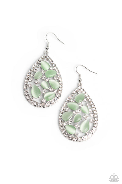 CATS EYE CLASS - GREEN STONE SILVER TEARDROP EARRINGS - PAPARAZZI