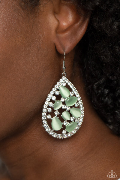CATS EYE CLASS - GREEN STONE SILVER TEARDROP EARRINGS - PAPARAZZI