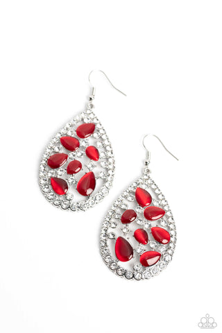 CATS EYE CLASS - RED STONE WHITE RHINESTONE SILVER EARRINGS - PAPARAZZI