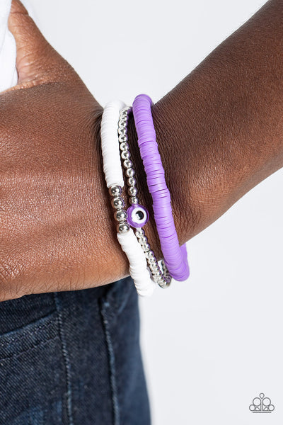 EYE HAVE A DREAM - PURPLE AND WHITE DISC STRETCHY BRACELET SET - PAPARAZZI