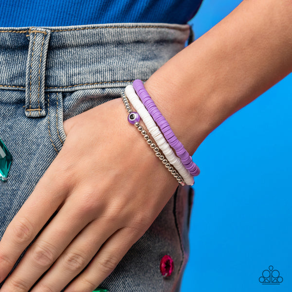 EYE HAVE A DREAM - PURPLE AND WHITE DISC STRETCHY BRACELET SET - PAPARAZZI