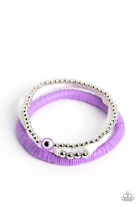 EYE HAVE A DREAM - PURPLE AND WHITE DISC STRETCHY BRACELET SET - PAPARAZZI