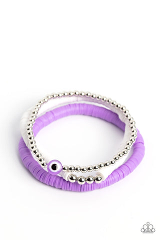 EYE HAVE A DREAM - PURPLE AND WHITE DISC STRETCHY BRACELET SET - PAPARAZZI