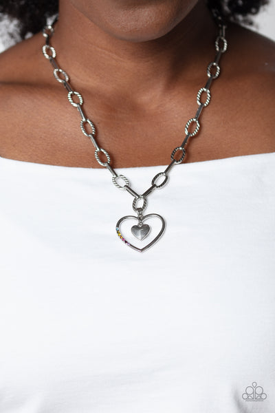 REFULGENT ROMANCE - MULTI COLOR RHINESTONE SILVER HEART NECKLACE - PAPARAZZI