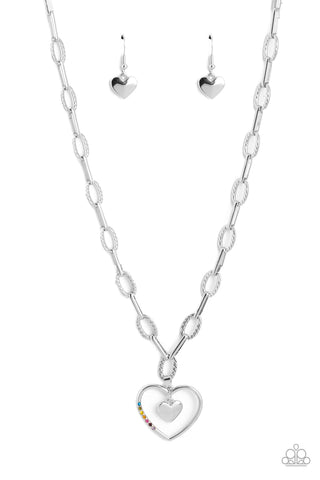 REFULGENT ROMANCE - MULTI COLOR RHINESTONE SILVER HEART NECKLACE - PAPARAZZI