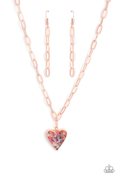 KISS AND SHELL - COPPER SHINY MULTICOLOR FLECKS HEART PAPER CHAIN NECKLACE - PAPARAZZI EMP 2023 WEEK 1 EXCLUSIVE