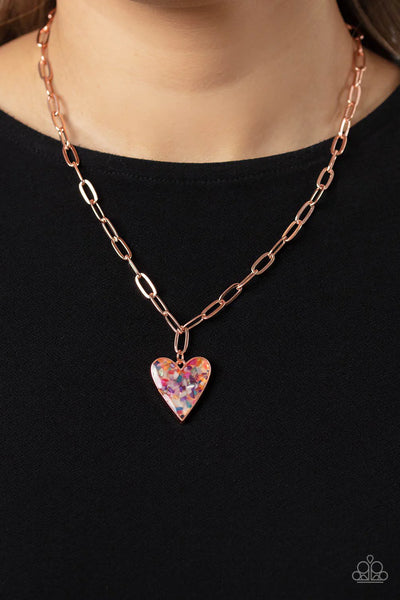 KISS AND SHELL - COPPER SHINY MULTICOLOR FLECKS HEART PAPER CHAIN NECKLACE - PAPARAZZI EMP 2023 WEEK 1 EXCLUSIVE