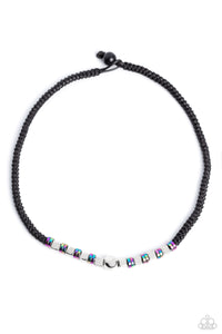 OIL SPILL ORBIT - SILVER AND OIL SPILL BEAD BLACK LEATHER URBAN CHOKER NECKLACE - PAPARAZZI