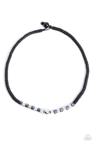 OIL SPILL ORBIT - SILVER AND OIL SPILL BEAD BLACK LEATHER URBAN CHOKER NECKLACE - PAPARAZZI