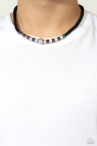 OIL SPILL ORBIT - SILVER AND OIL SPILL BEAD BLACK LEATHER URBAN CHOKER NECKLACE - PAPARAZZI