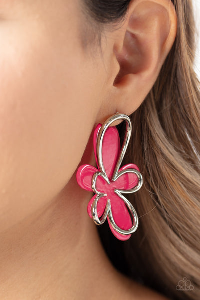 GLIMMERING GARDENS - PINK ACRYLIC AND SILVER FLOWER POST EARRINGS - PAPARAZZI
