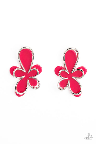 GLIMMERING GARDENS - PINK ACRYLIC AND SILVER FLOWER POST EARRINGS - PAPARAZZI