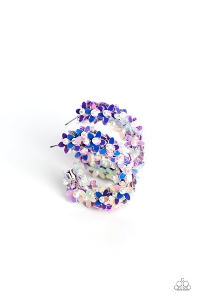 FAIRY FANTASIA - PURPLE FLORAL SEQUIN FLOWER HOOP EARRINGS - PAPARAZZI