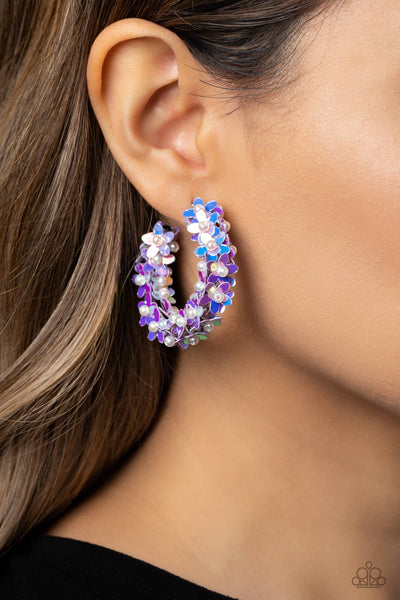 FAIRY FANTASIA - PURPLE FLORAL SEQUIN FLOWER HOOP EARRINGS - PAPARAZZI