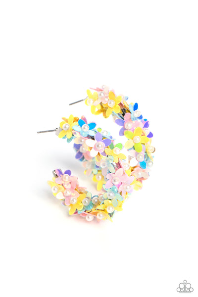 FAIRY FANTASIA - MULTI COLOR FLORAL SEQUIN FLOWER HOOP EARRINGS - PAPARAZZI LIFE OF THE PARTY MARCH 2023