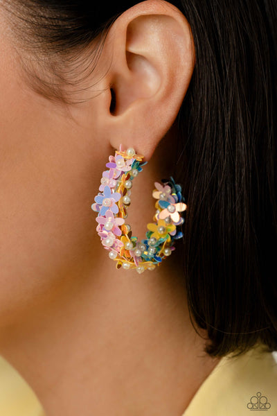 FAIRY FANTASIA - MULTI COLOR FLORAL SEQUIN FLOWER HOOP EARRINGS - PAPARAZZI LIFE OF THE PARTY MARCH 2023