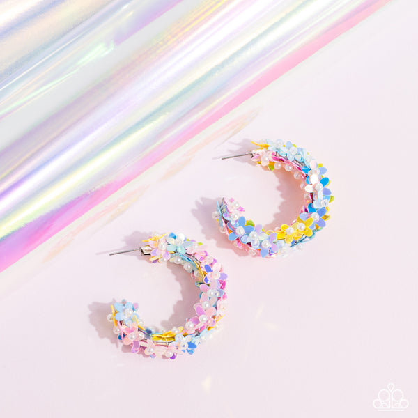 FAIRY FANTASIA - MULTI COLOR FLORAL SEQUIN FLOWER HOOP EARRINGS - PAPARAZZI LIFE OF THE PARTY MARCH 2023