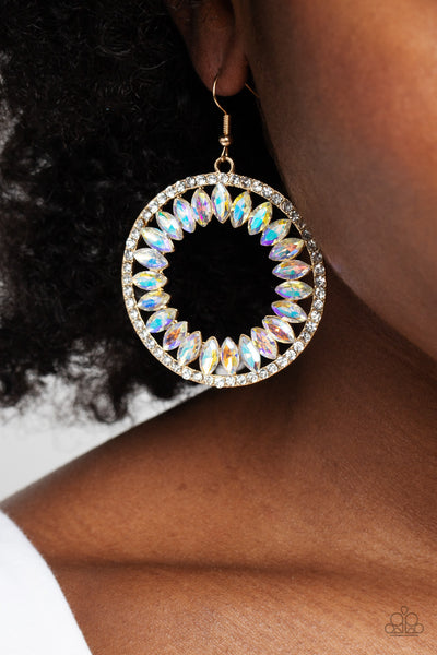 WALL STREET WREATHS - GOLD IRIDESCENT GEM CIRCLE EARRINGS - PAPARAZZI