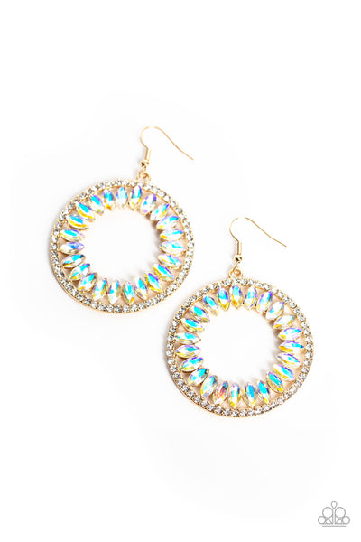 WALL STREET WREATHS - GOLD IRIDESCENT GEM CIRCLE EARRINGS - PAPARAZZI