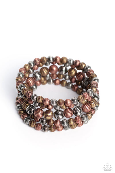 SONORAN STRIPES - MULTI SILVER BRASS COPPER MIXED METAL STRETCHY BRACELET SET - PAPARAZZI