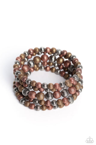 SONORAN STRIPES - MULTI SILVER BRASS COPPER MIXED METAL STRETCHY BRACELET SET - PAPARAZZI